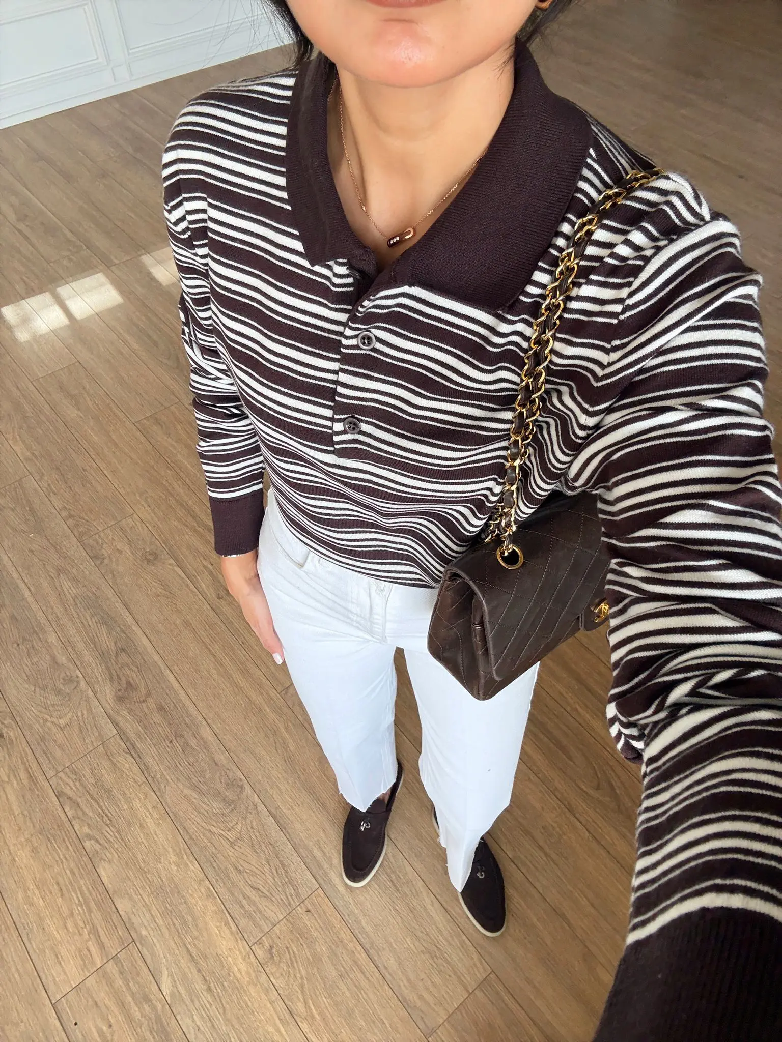 Edith Çizgili Uzun Kollu Polo Yaka Triko - Kahve-Ekru, Standart