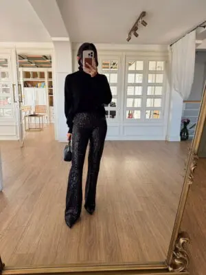 Osco Siyah Pul Payetli İspanyol Paça Pantolon