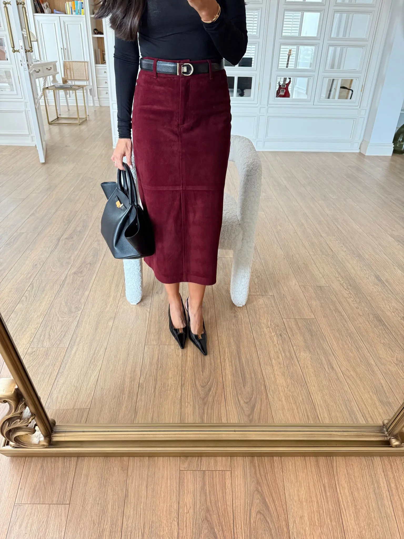 Omayra Süet Arka Yırtmaç Detaylı Midi Etek