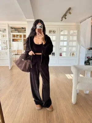 Acı Kahve Kadife Dokulu Fermuarlı Sweat Büstiyer Pantolon Takım