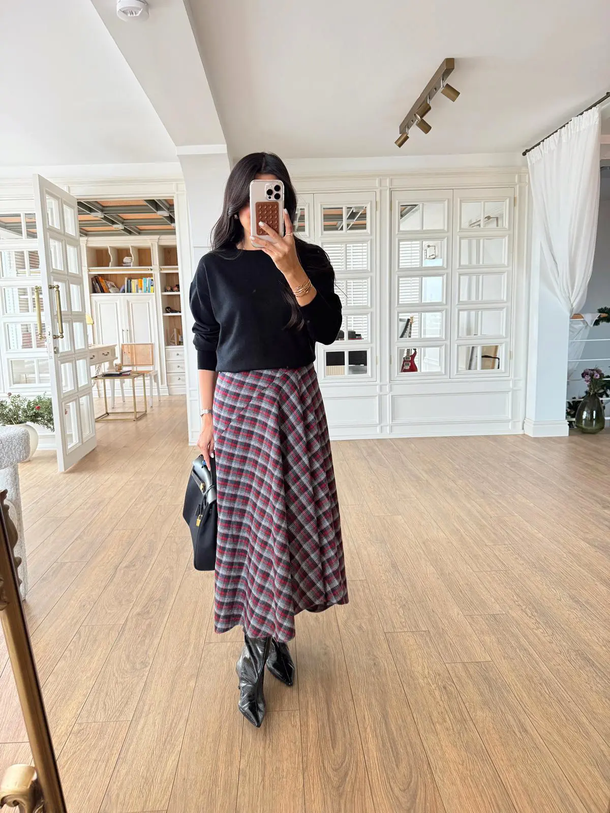 Sasha İnce Pile Detaylı Ekoseli Midi Boy Etek