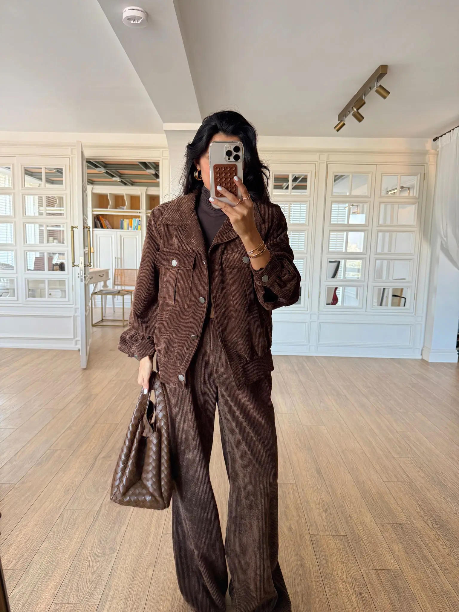 Kadife Fitilli Çift Cep Detaylı Vatkalı Ceket - Kahve, 36