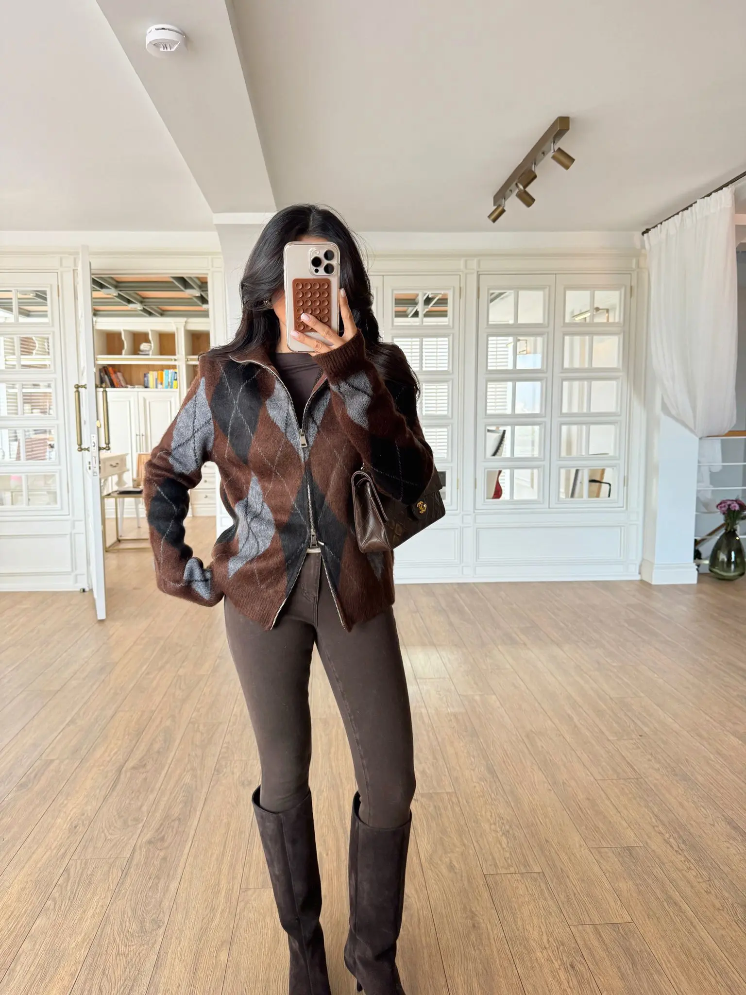 Ramsis Baklava Desenli Çift Fermuar Detaylı Triko Hırka - Kahve, Standart