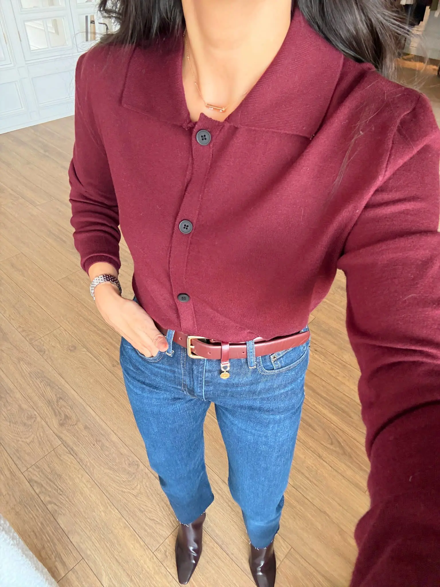 Tims Polo Yaka Düğmeli Triko Hırka - Bordo, Standart