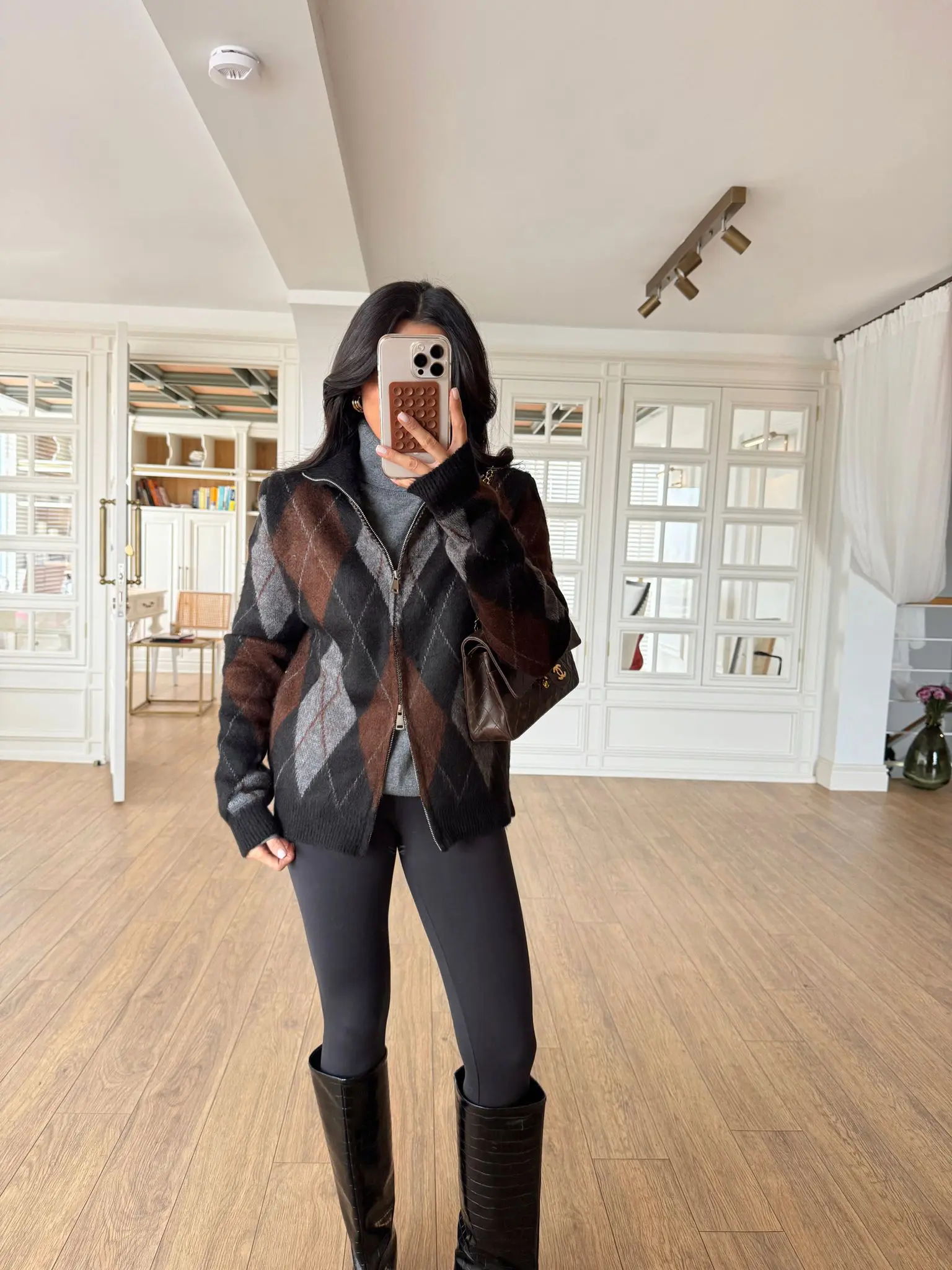 Ramsis Baklava Desenli Çift Fermuar Detaylı Triko Hırka - Siyah, Standart