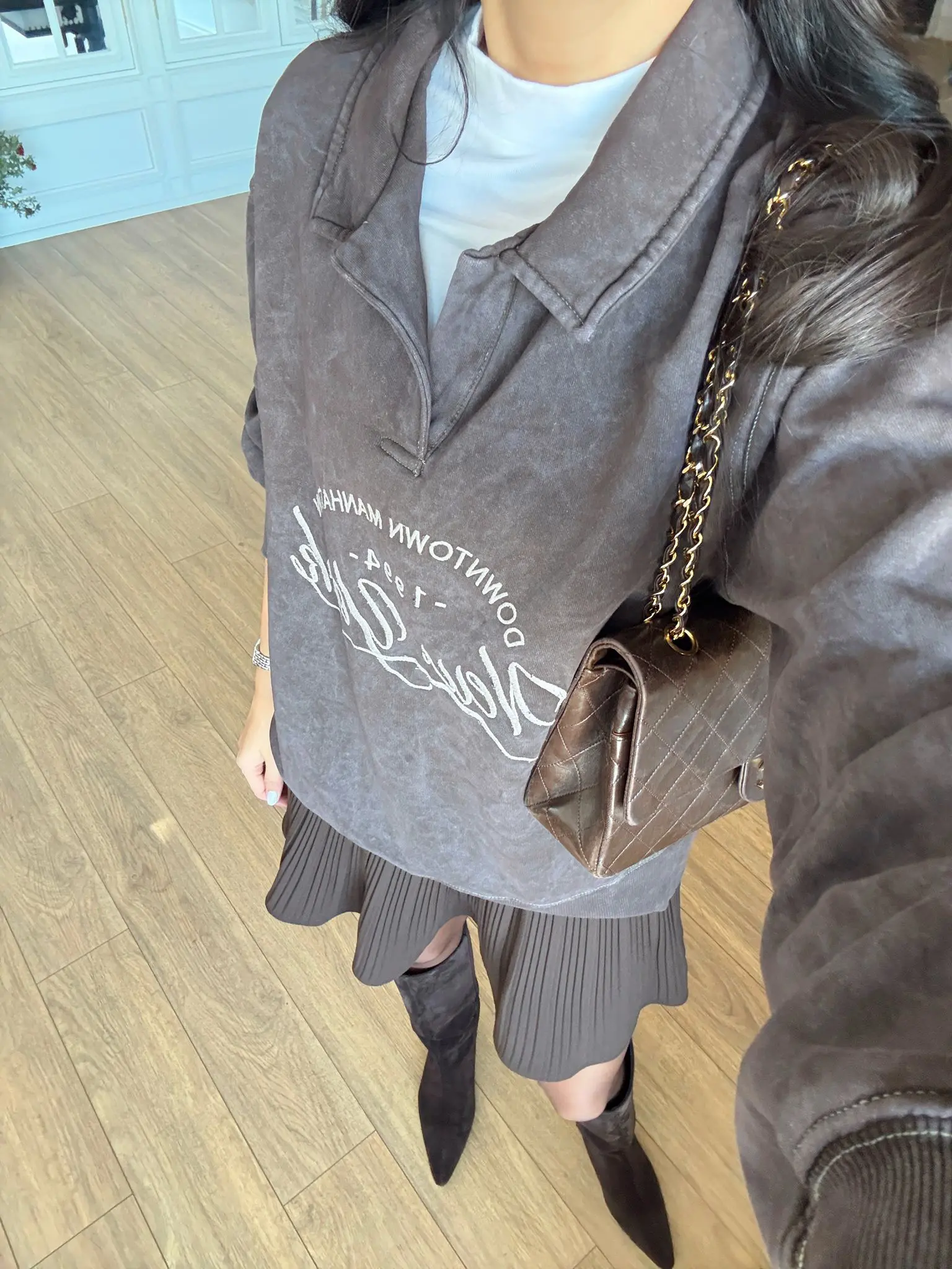 Oneton Yıkamalı Polo Yaka New York Manhattan Baskılı Sweat