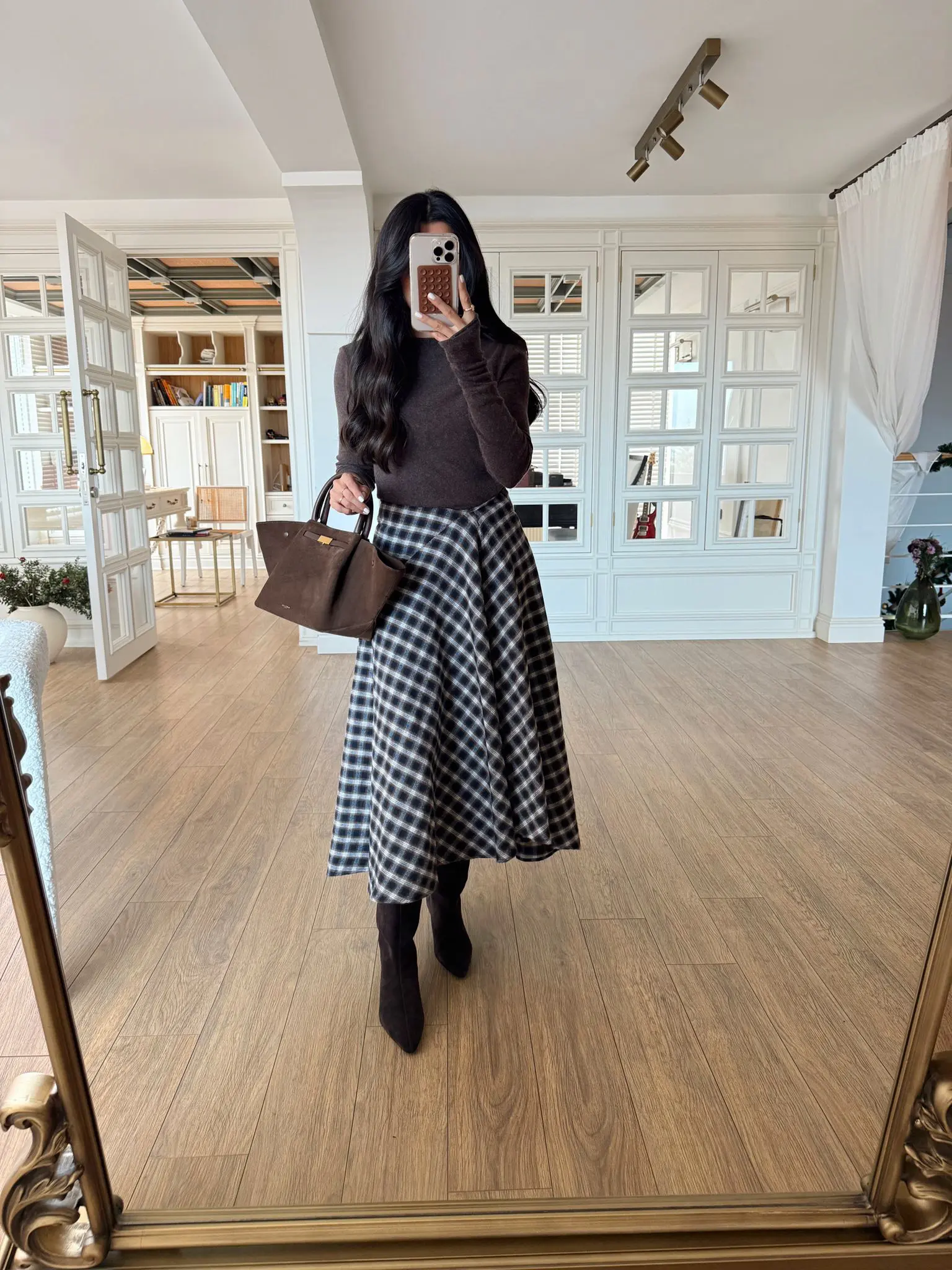 Sasha İnce Pile Detaylı Ekoseli Midi Boy Etek