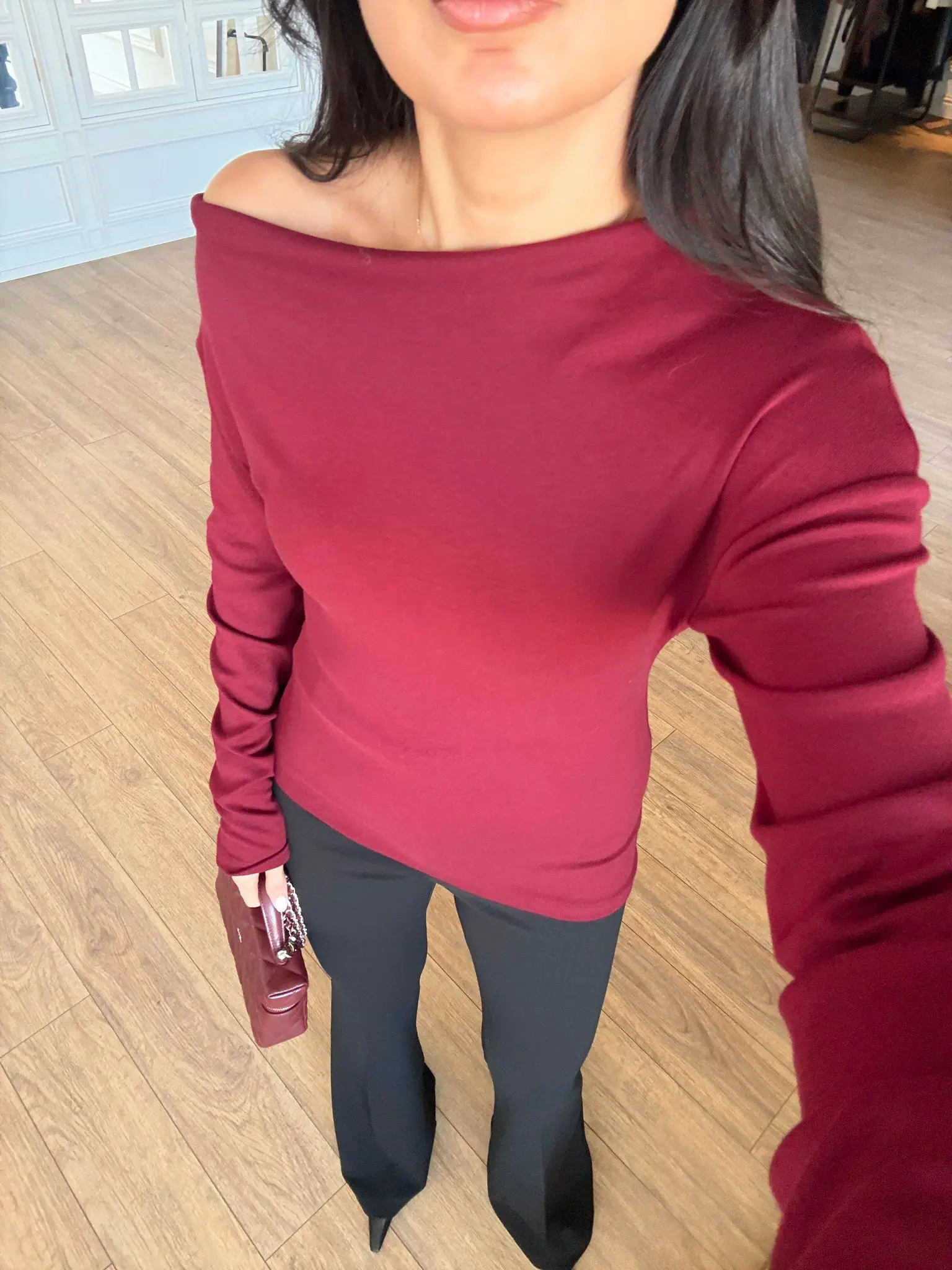 Cello Kayık Yaka Asimetrik Bluz - Bordo, 36