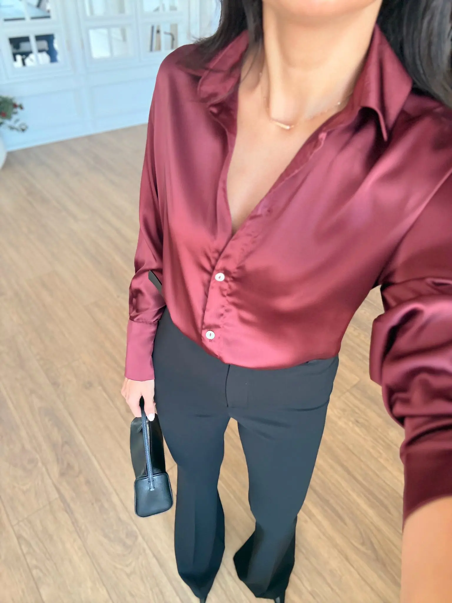 Stars Sedef Düğmeli Saten Gömlek - Bordo, 34