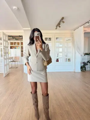 Oxex Somin Bej İki Düğmeli Ceket-Etek Takım