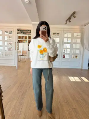 Ominy Marqi Ekru Çiçek Baskılı Yırtık Detaylı Sweat