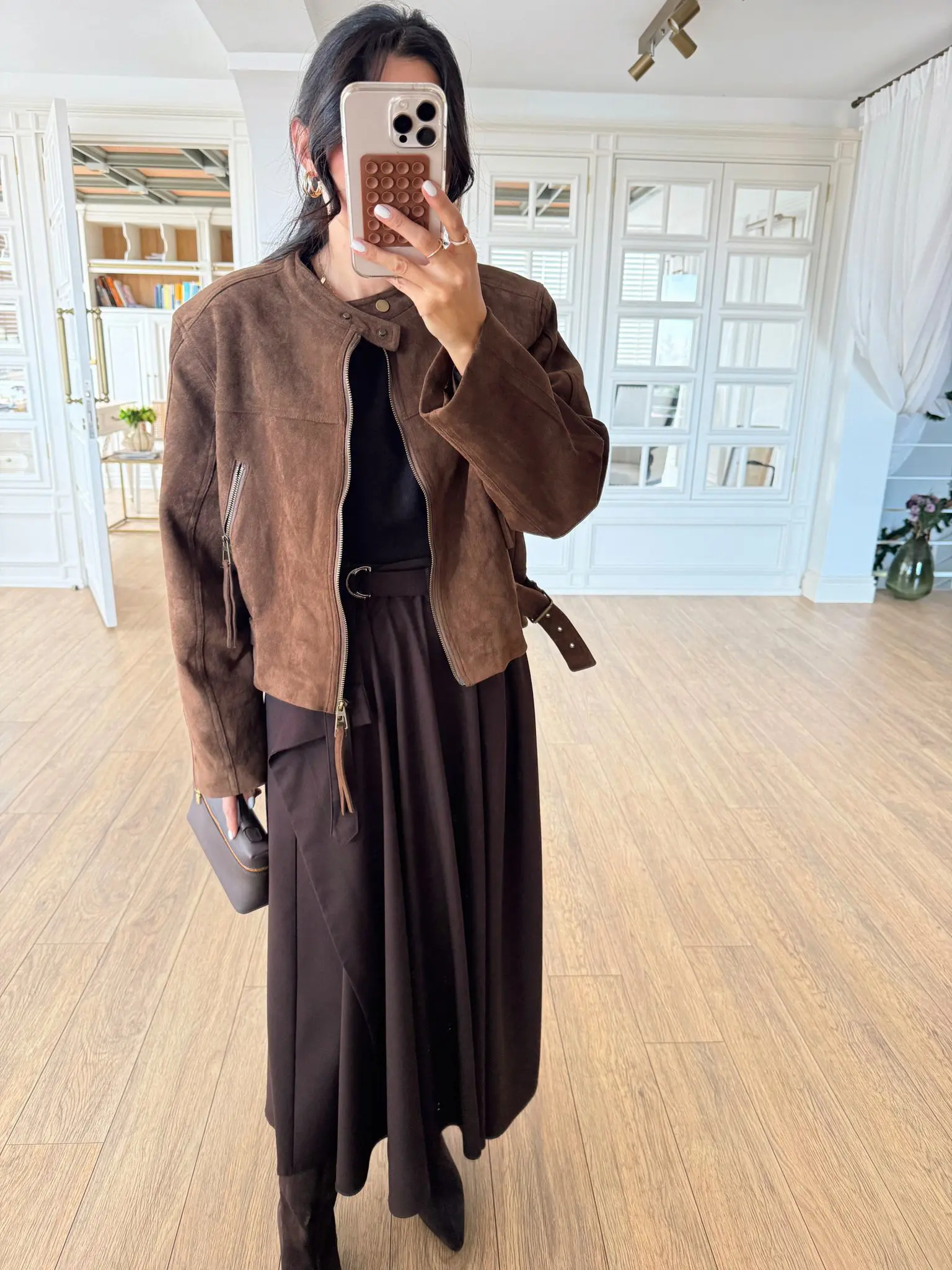 Cherry Özel Seri Süs Kemer Detaylı Fermuarlı Süet Ceket