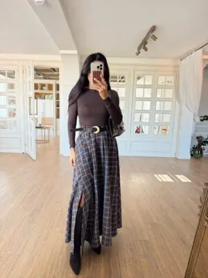 Elina Kahve-Mavi Kemerli Yırtmaçlı Etek