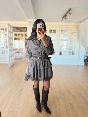 Thrishka Dantel Detaylı Kemerli Ekoseli Etek