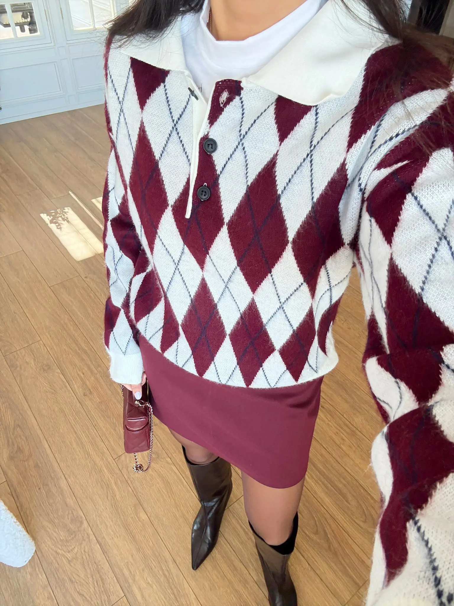 Üç Düğmeli Polo Yaka Baklava Desen Triko - Ekru-Bordo, Standart