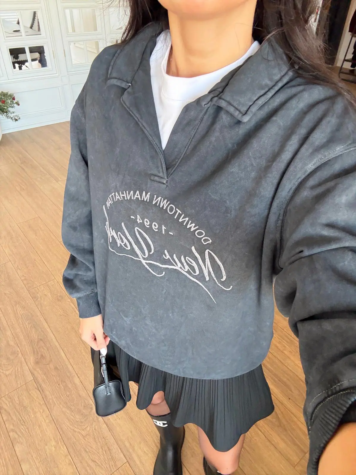 Oneton Yıkamalı Polo Yaka New York Manhattan Baskılı Sweat