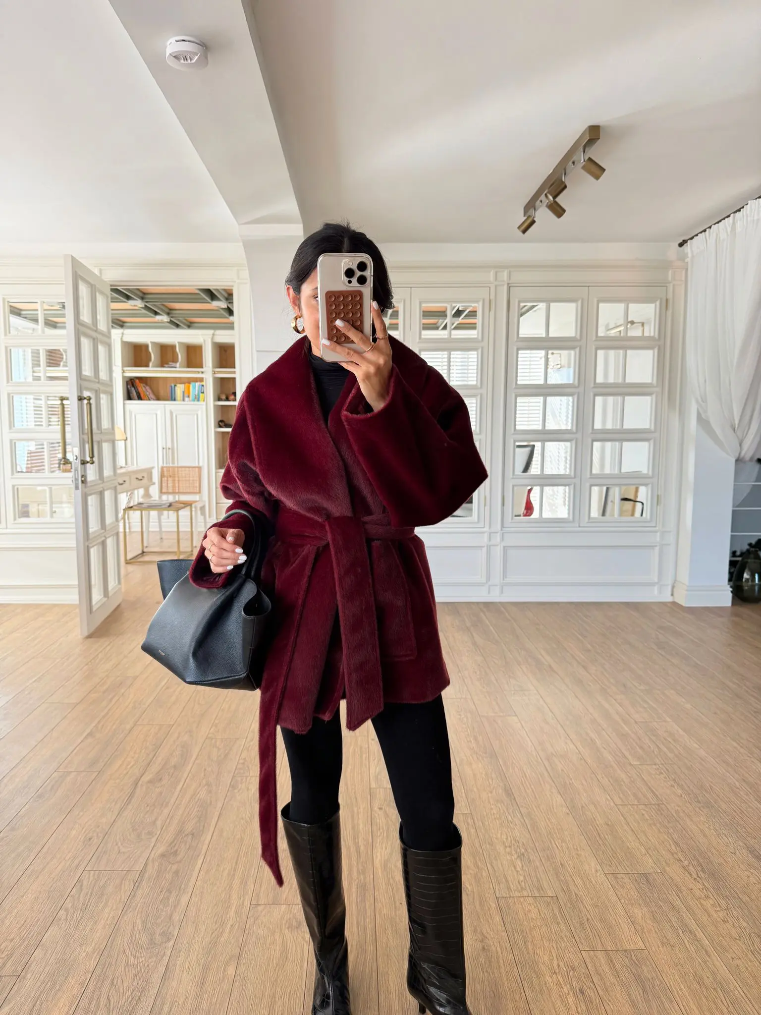 Adelina Çift Cepli Kuşaklı Tüylü Kaşe Kaban