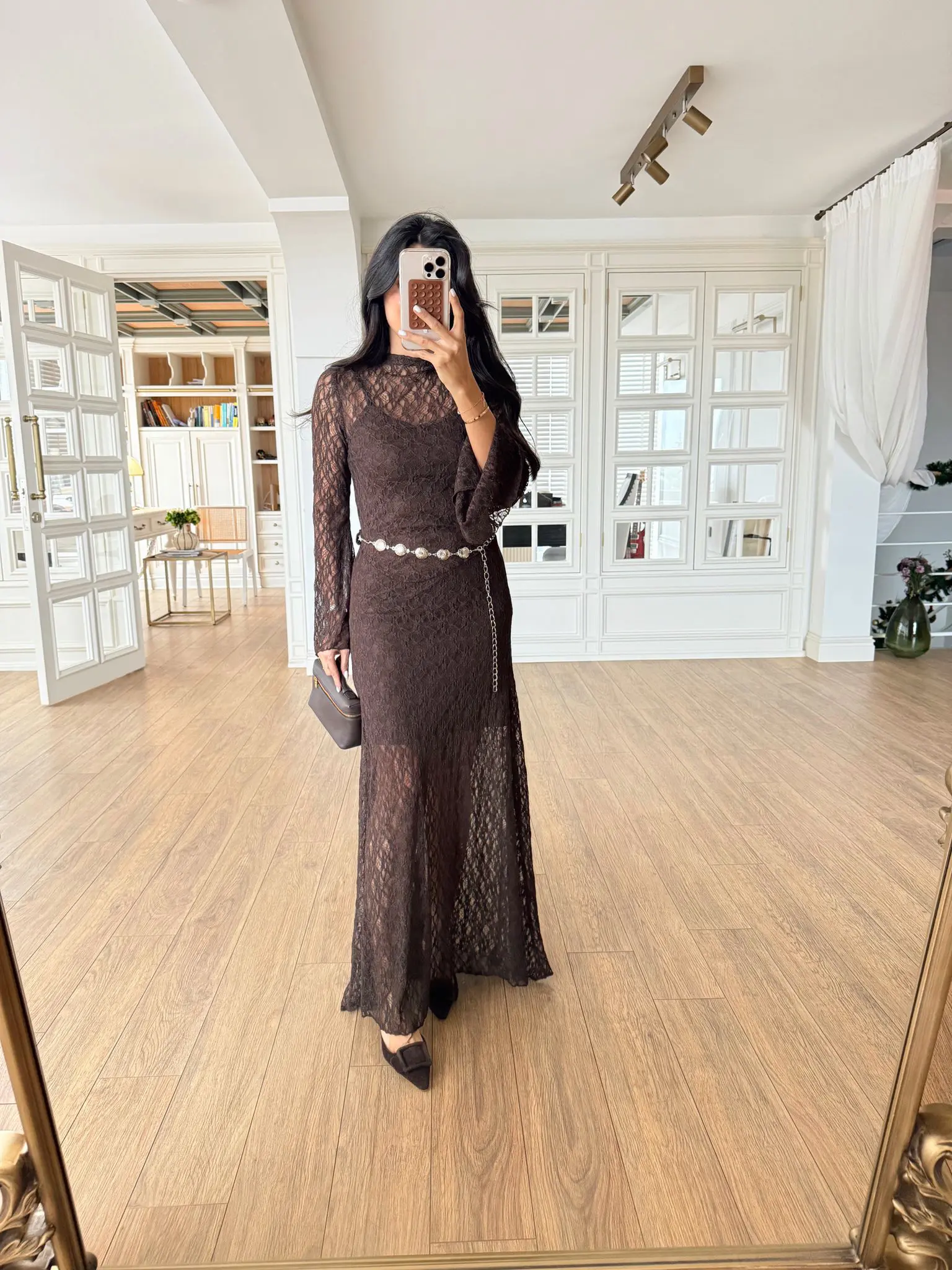 Scoth Transparan Dantelli Mini Astarlı Zincir Kemerli Elbise