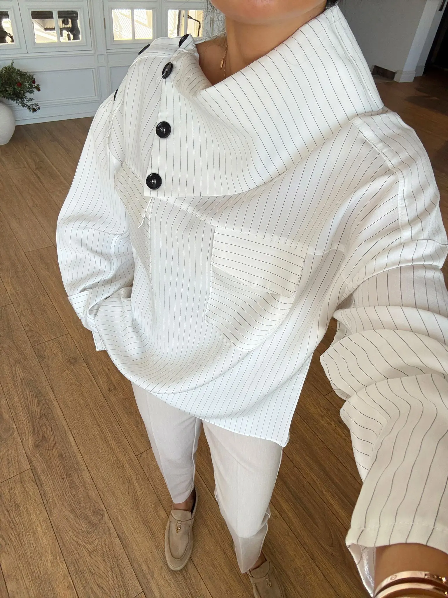 Okinya Çizgili Cep Yaka Detaylı Gömlek