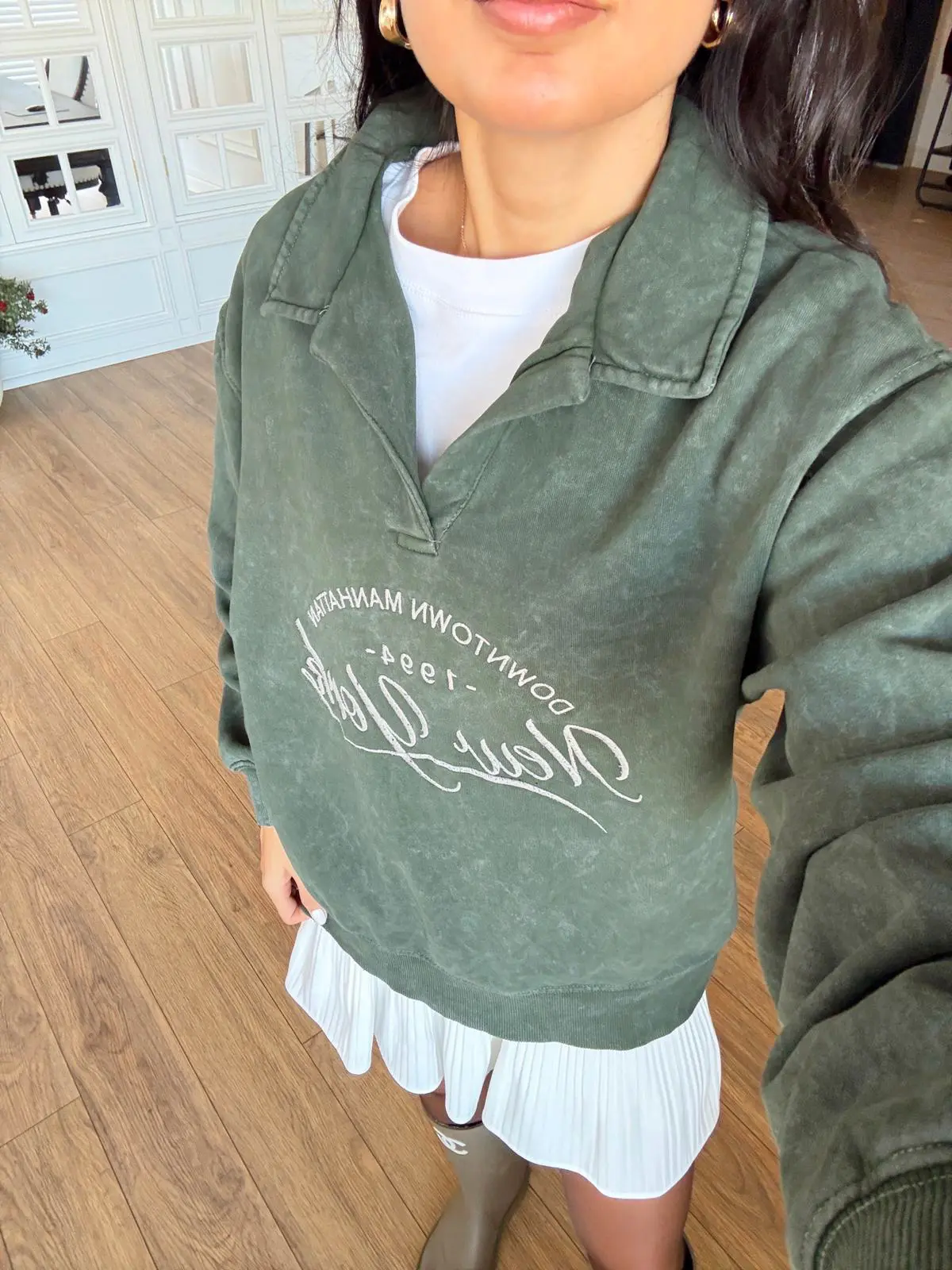 Oneton Yıkamalı Polo Yaka New York Manhattan Baskılı Sweat