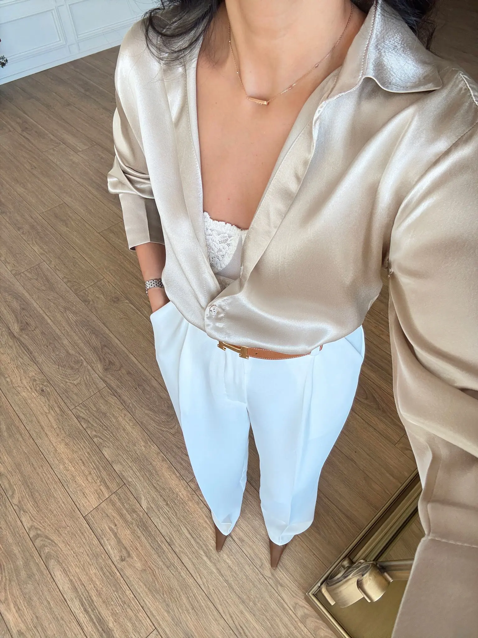 Stars Sedef Düğmeli Saten Gömlek - Bej, 34