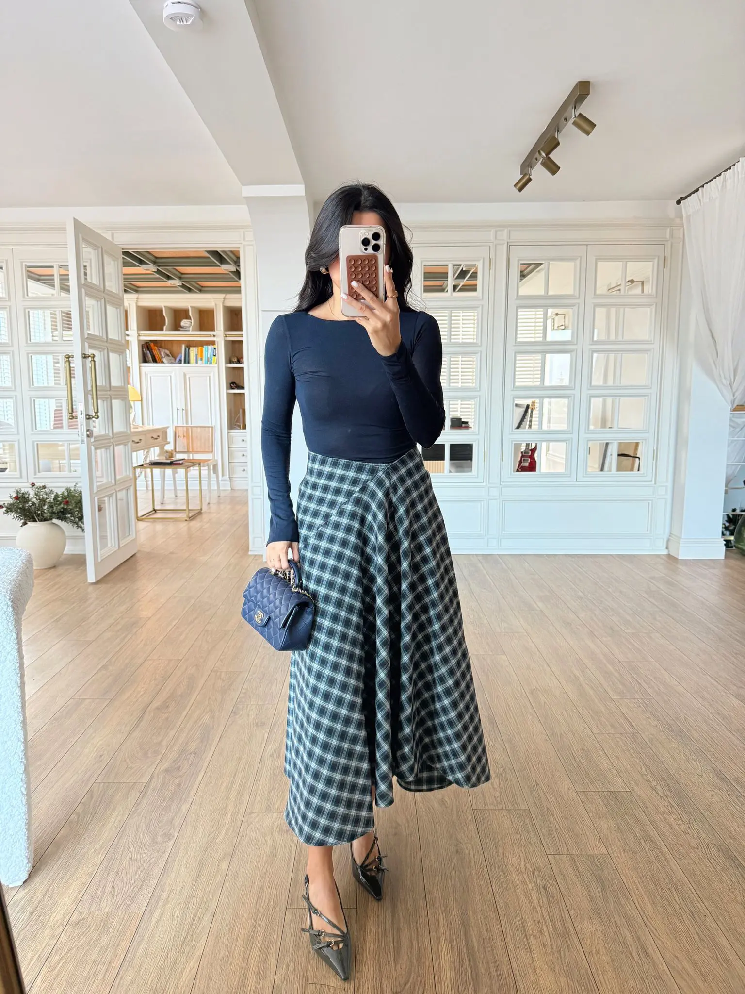 Sasha İnce Pile Detaylı Ekoseli Midi Boy Etek