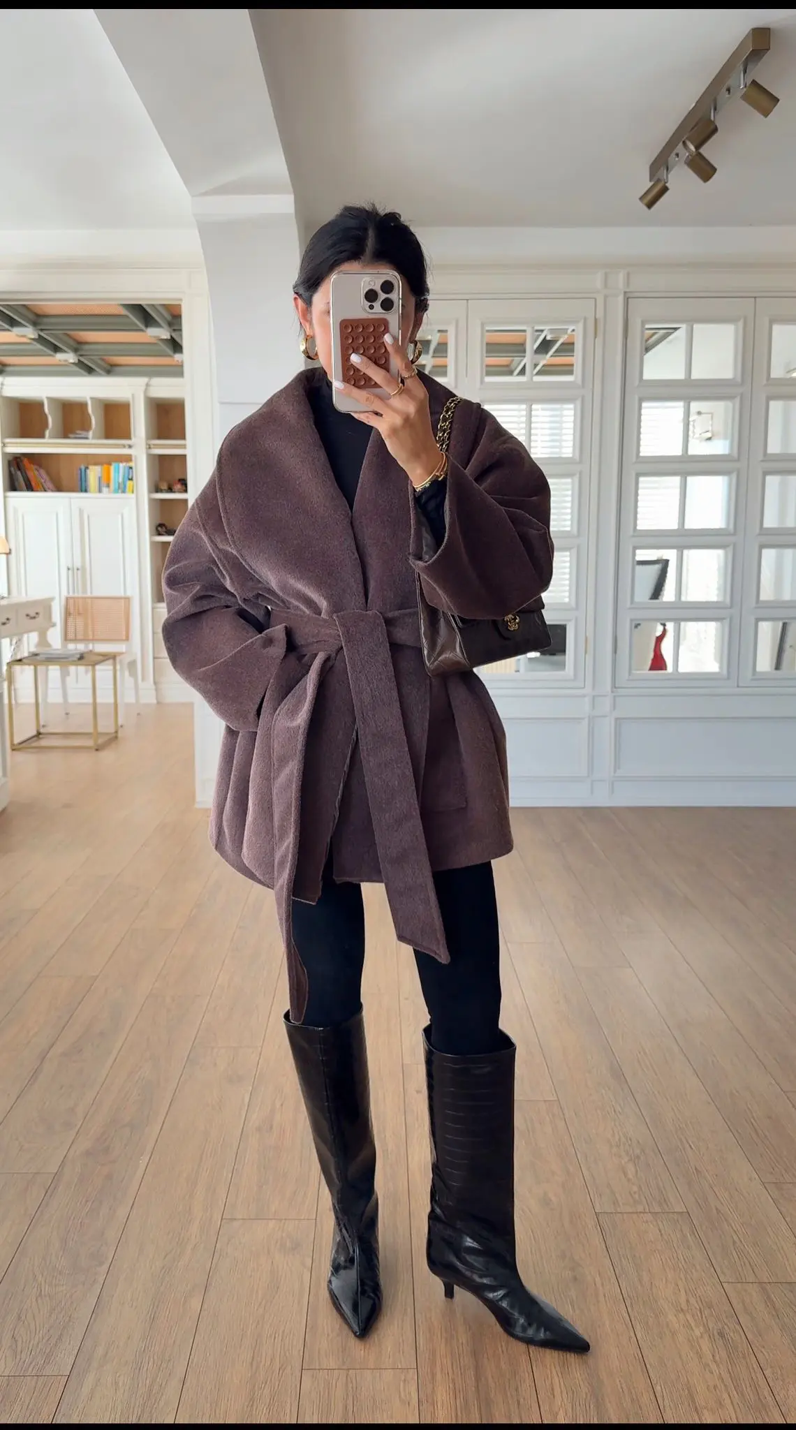 Adelina Çift Cepli Kuşaklı Tüylü Kaşe Kaban