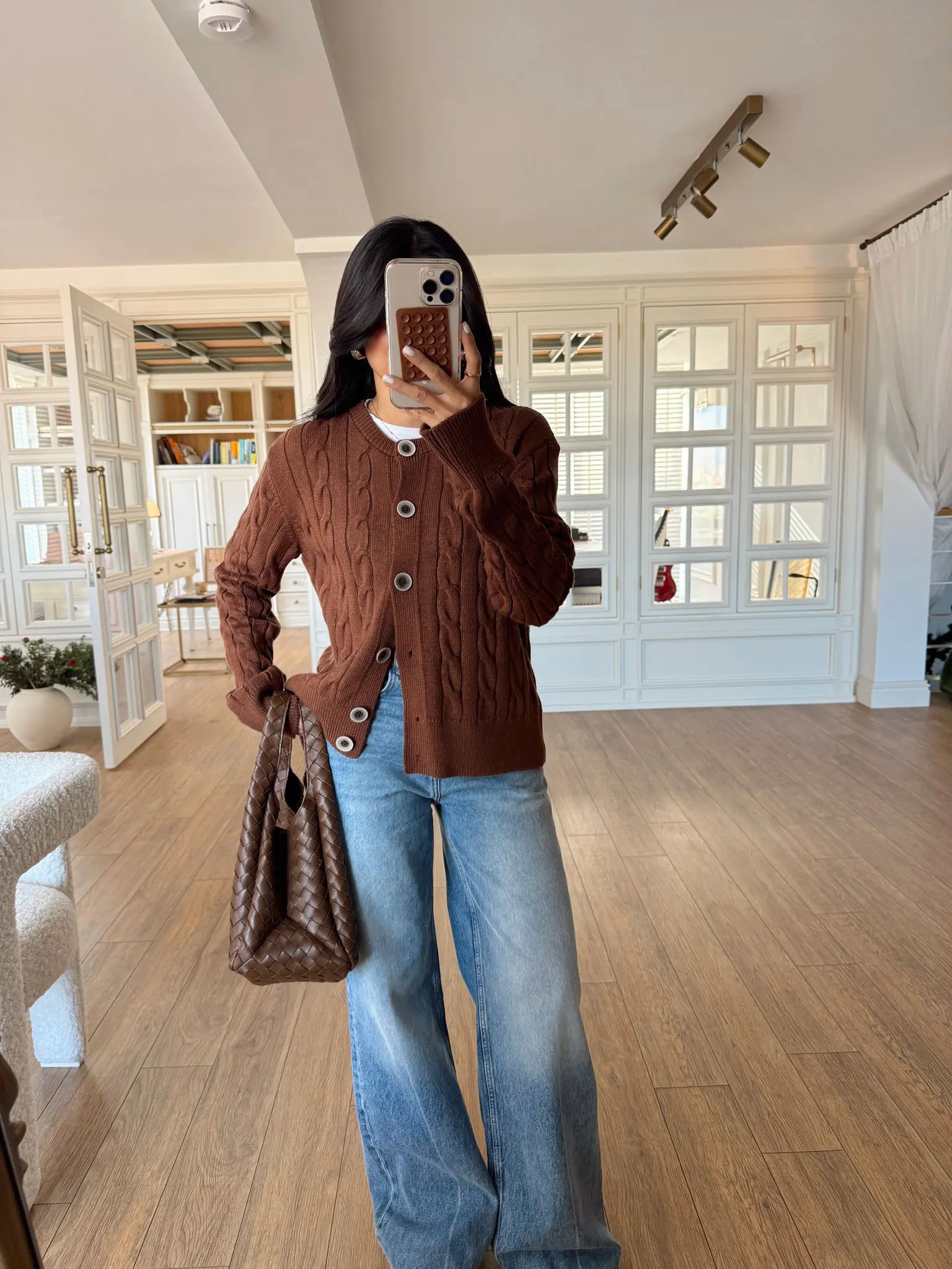 Vanessa Beş Düğmeli Saç Örgü Triko Hırka - Sütlü Kahve, Standart