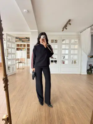 Renkli Şerit Detaylı Siyah Sweat-Pantolon Takım