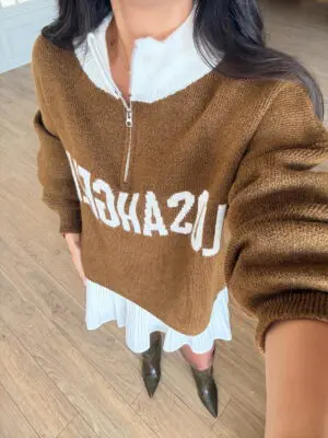 Los Angeles Nakışlı Yakası Yarım Fermuarlı Kahve Triko