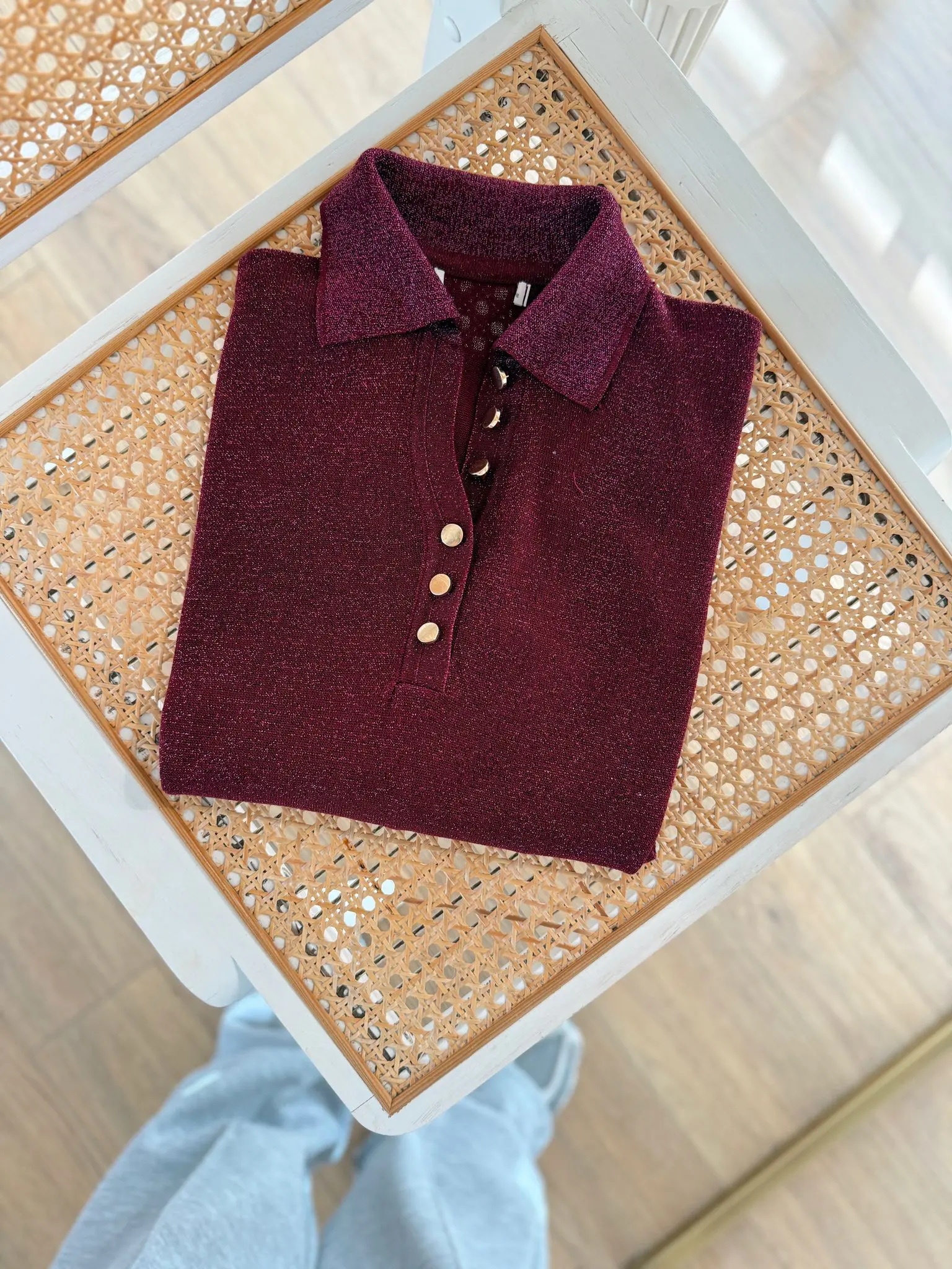 Octavio Simli Polo Yaka Gold Düğmeli Uzun Kol Bluz - Bordo, Standart