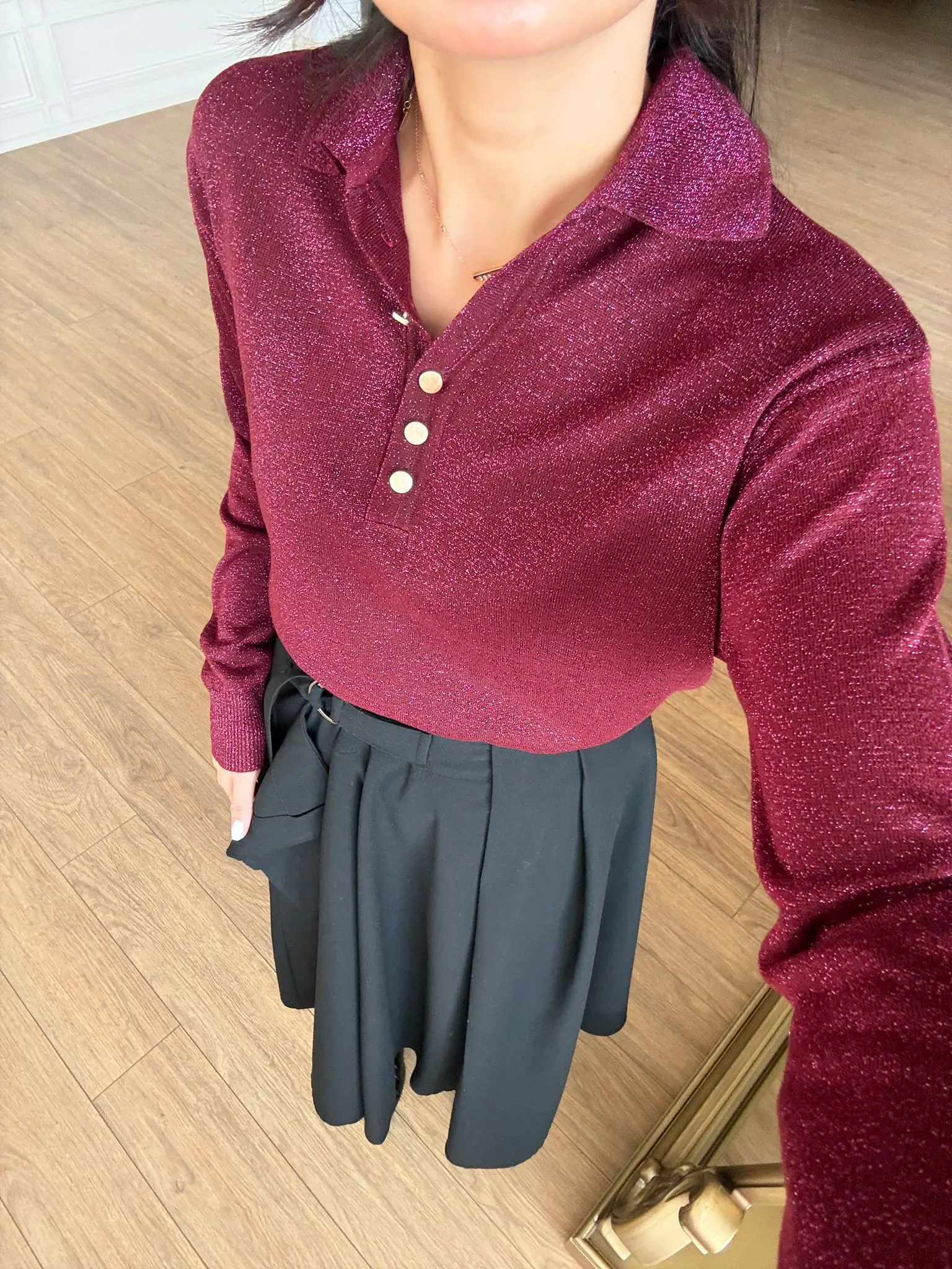 Octavio Simli Polo Yaka Gold Düğmeli Uzun Kol Bluz - Bordo, Standart