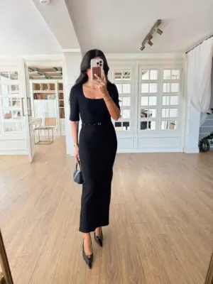 Adonis Siyah Kare Yaka Yarım Kol Parçalı Elbise