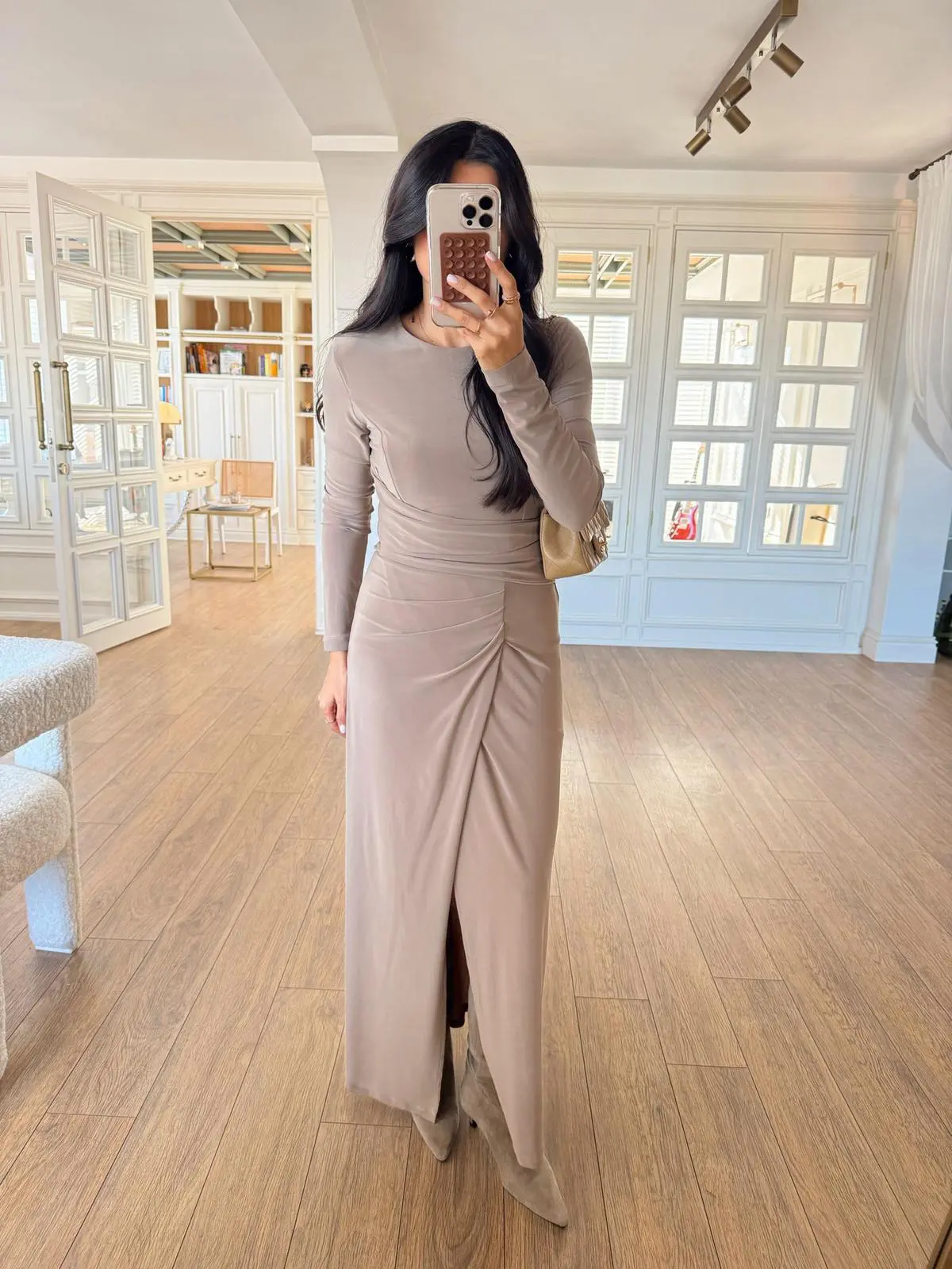 Tonix MD Ön Drape Detaylı Yırtmaçlı Maxi Boy Elbise