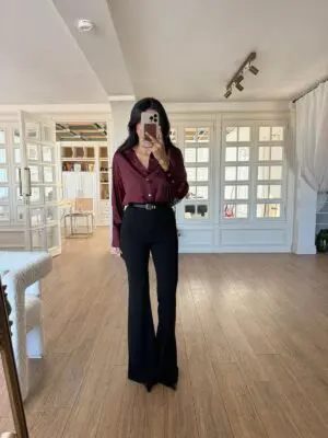 Almena Siyah Kemerli İspanyol Paça Pantolon