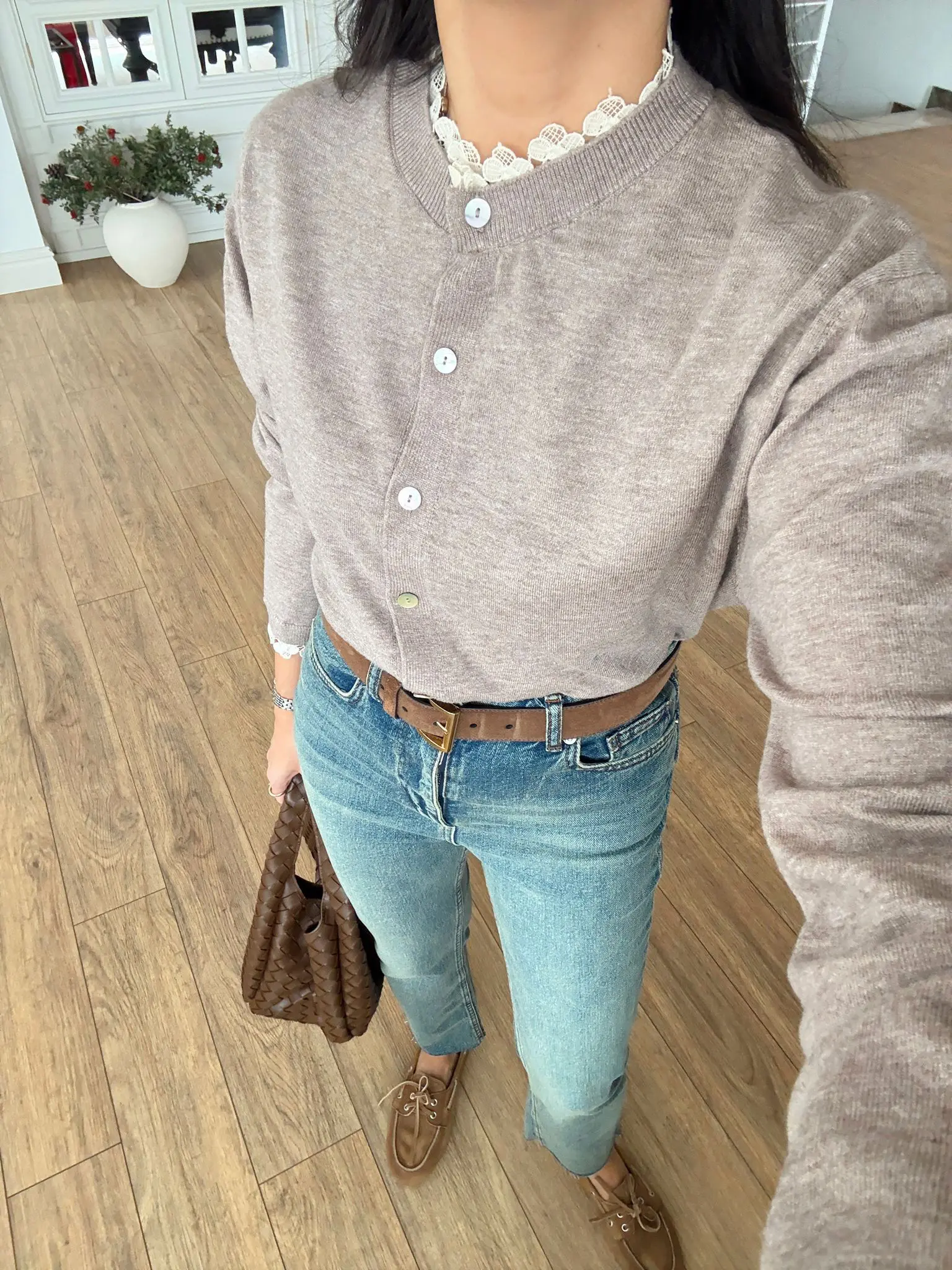 Ekinoks Yakası Ve Kolları Dantelli Hırka - Bej, Standart