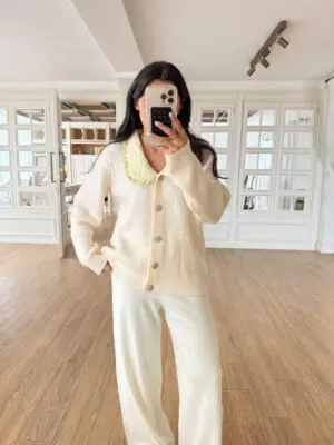 Elina Taş Düğmeli Sarı Yakalı Fitilli Hırka