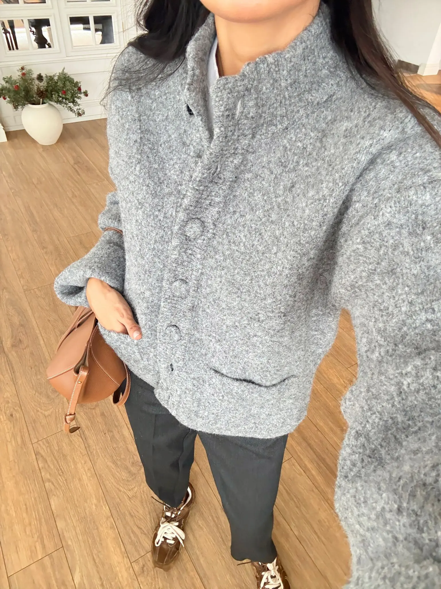 Hansel Dik Yaka Düğmeli Triko Ceket - Füme, Standart