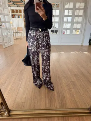 Calista Leopar Desenli Bel Lastikli Saten Bol Paça Pantolon