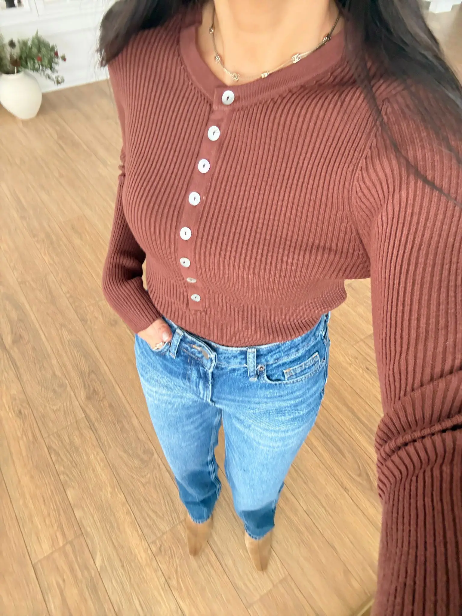 Stan Sedef Düğmeli Bisiklet Yaka Yünlü Triko - Kahve, Standart