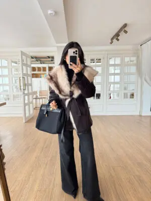 Wola Yakası Kürklü Kuşaklı Nubuk Kaban