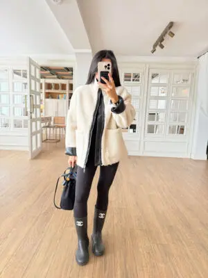 Ceyona Ekru Cepli Deri Fermuar Detaylı Peluş Mont