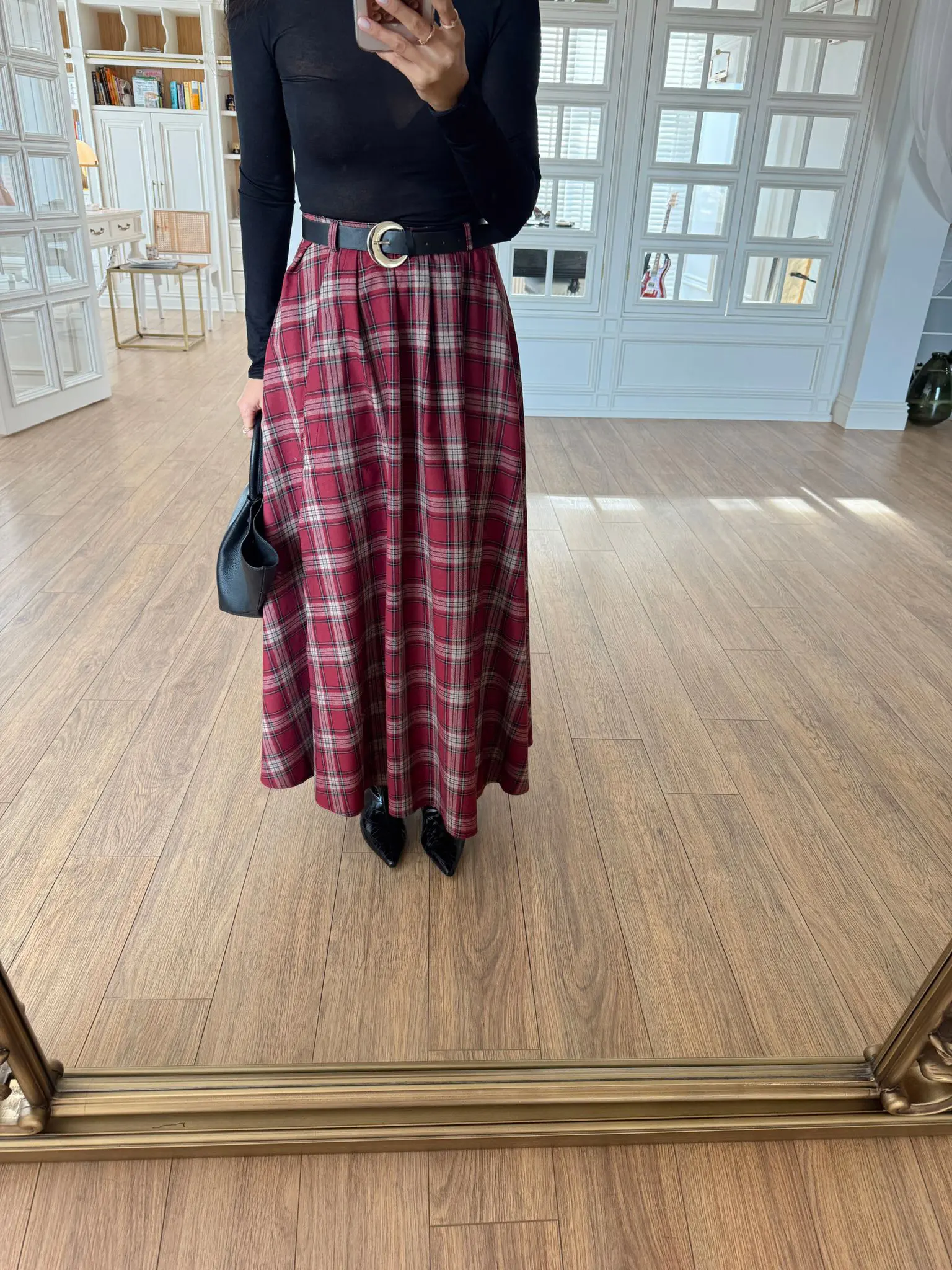 Bernard Winal Bel Fermuar Detaylı Kemerli Ekoseli Maxi Boy Etek