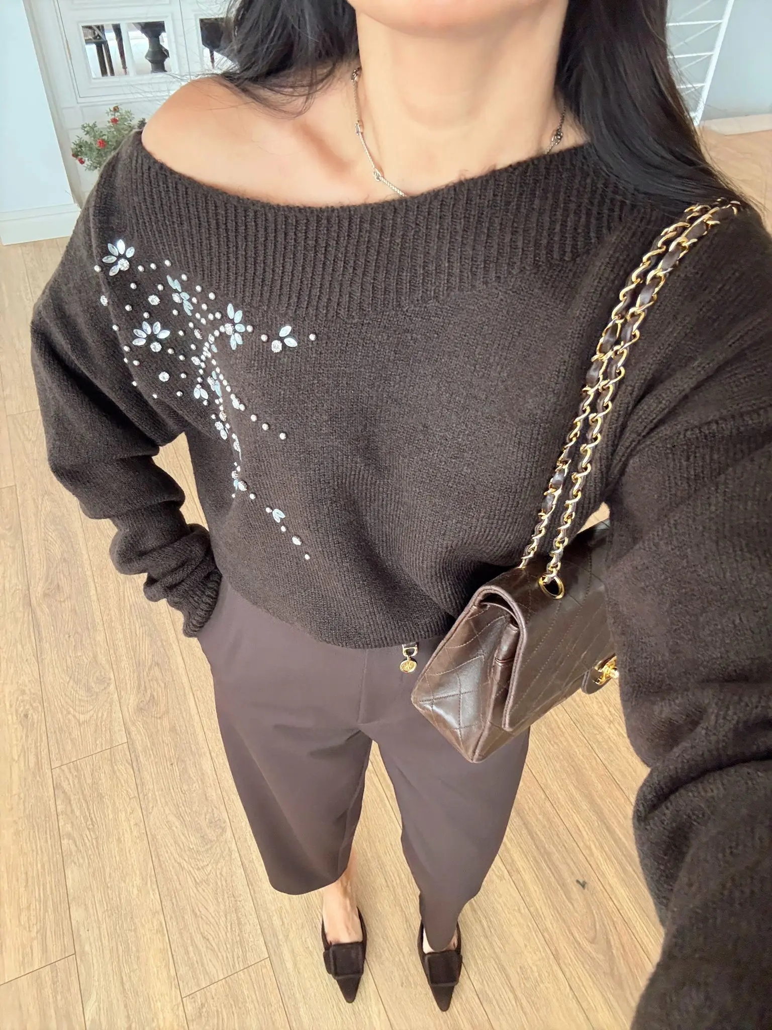 Cieng Omuz Taşlı Kayık Yaka Triko - Koyu Kahve, Standart