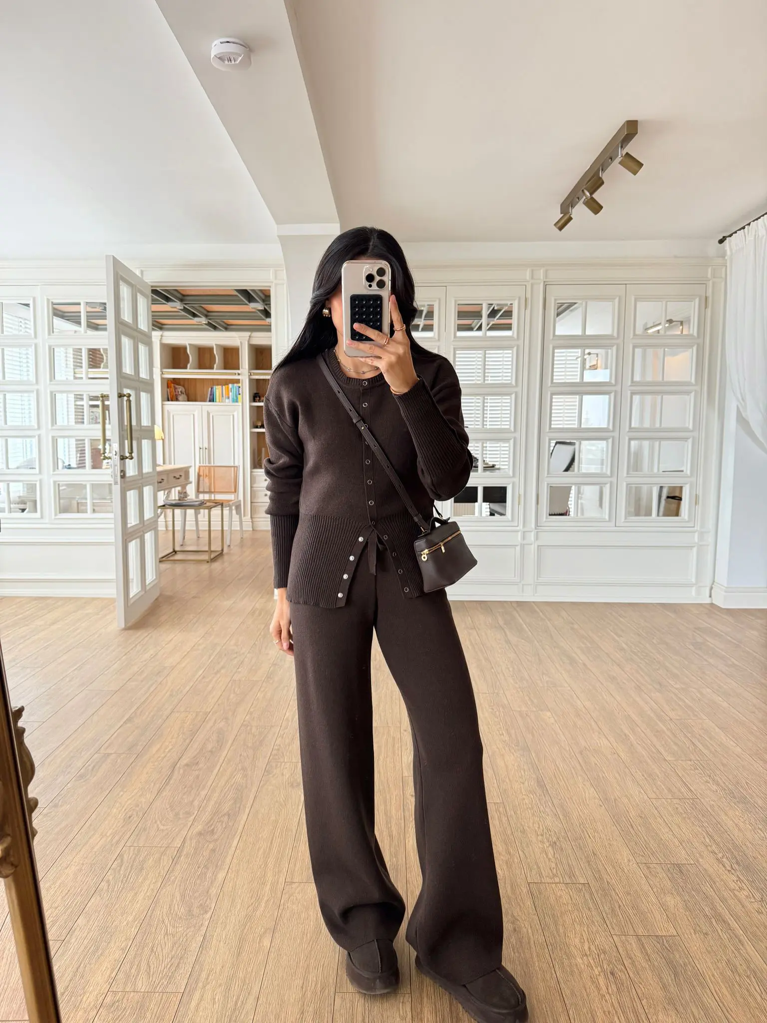 Fitil Detaylı Çıt Çıtlı Hırka-Pantolon Triko Takım - Kahve, Standart