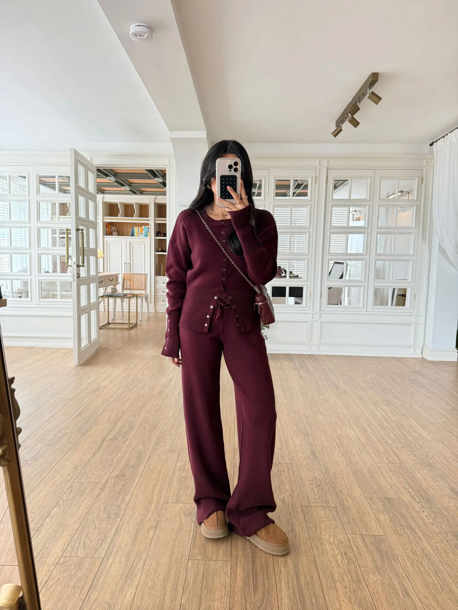 Fitil Detaylı Çıt Çıtlı Hırka-Pantolon Triko Takım - Mürdüm, Standart