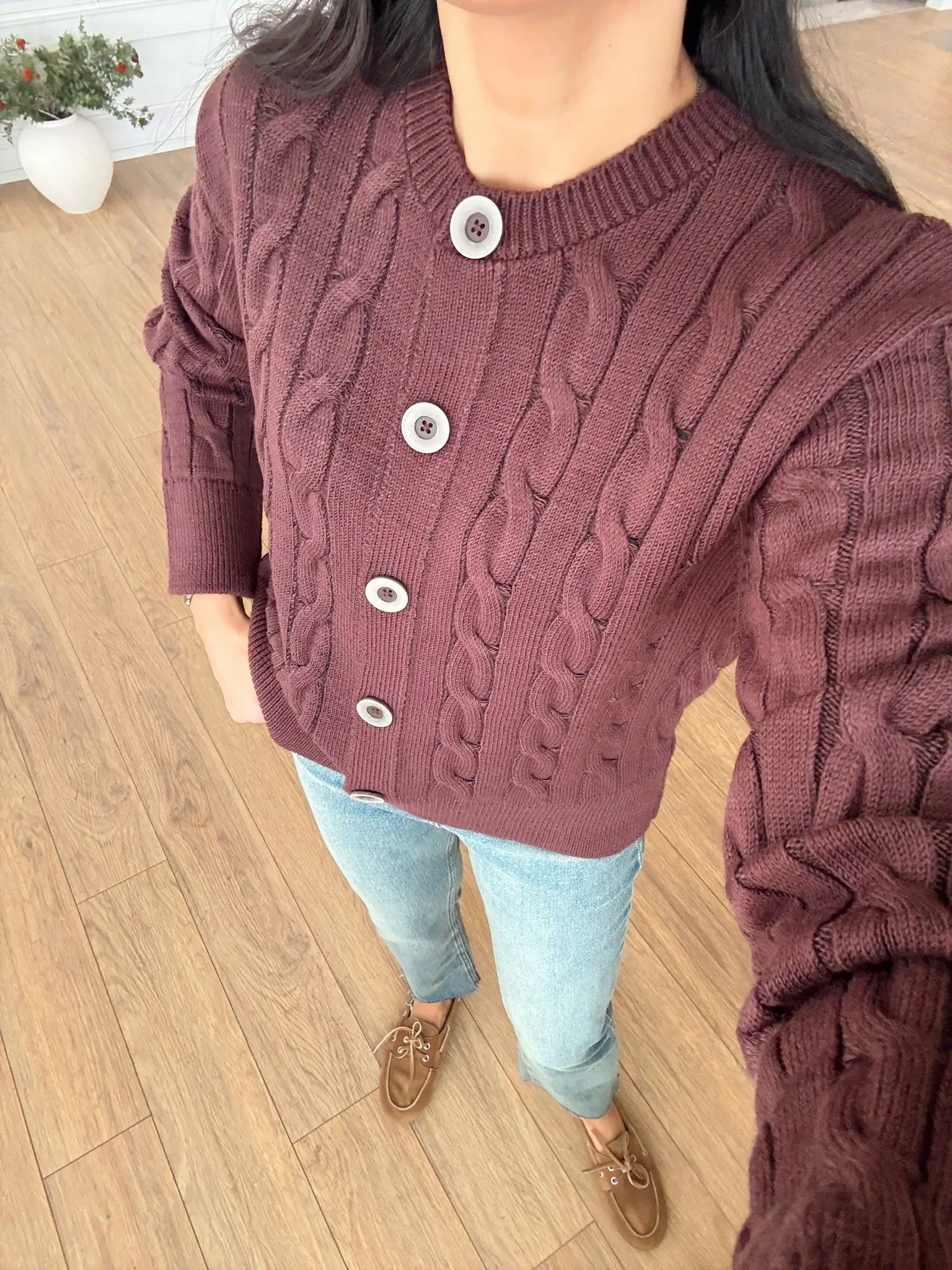 Vanessa Beş Düğmeli Saç Örgü Triko Hırka - Cherry, Standart