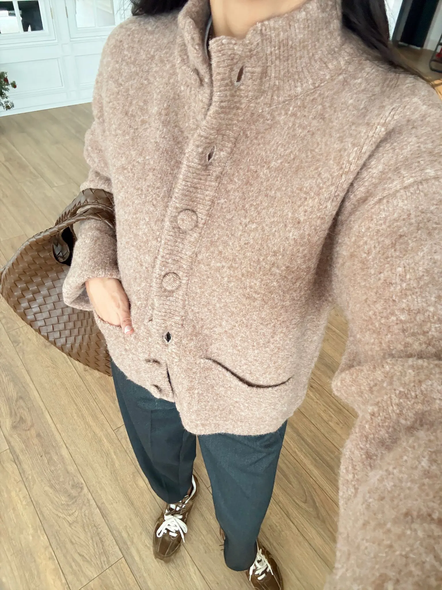 Hansel Dik Yaka Düğmeli Triko Ceket - Koyu Bej, Standart