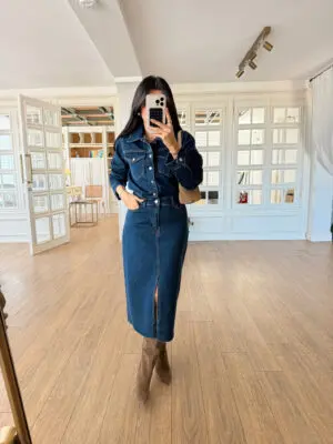 Sansa Koyu Mavi Çıt Çıtlı Düğmeli Ön Yırtmaçlı Jean Elbise