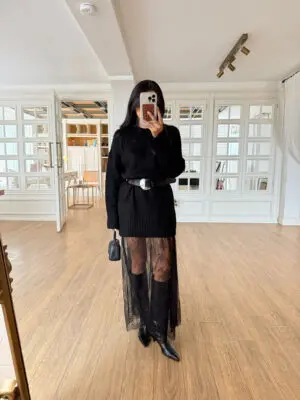 Siyah Etek Ucu Tül Detaylı Triko Elbise